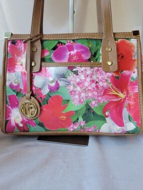 Marc Fisher Floral Print Bag with Tan Trim